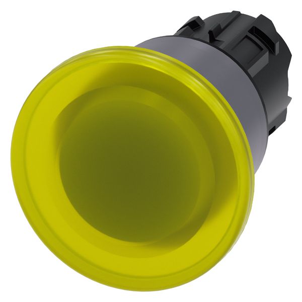 ILLUM. MUSHROOM PUSHBUTTON, 22MM, ROUND, PLASTIC WITH METAL FRONT RING, YELLOW,40MM, LATCHING, PULL TO UNLATCH