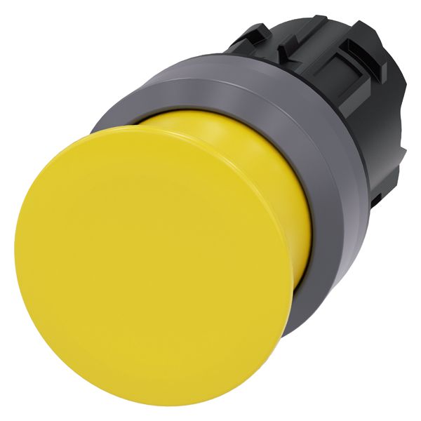 Mushroom pushbutton, 22mm, round, plastic with metal front ring, yellow, 30mm, momentary contact type