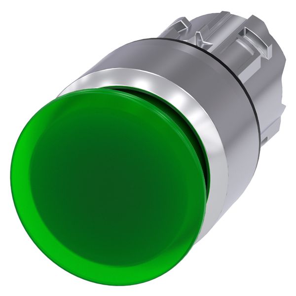 Illum. mushroom pushbutton, 22mm, round, metal, shiny, green, 30mm, latching, pull to unlatch