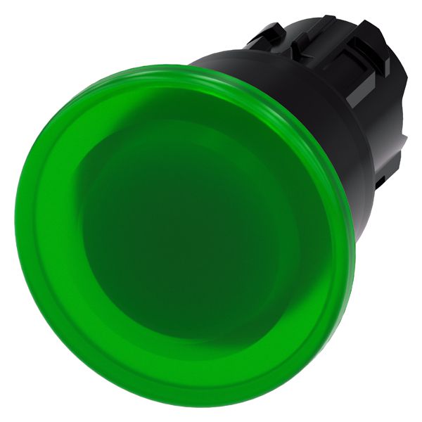Illum. mushroom pushbutton, 22mm, round, plastic, green, 40mm, latching, pull to unlatch