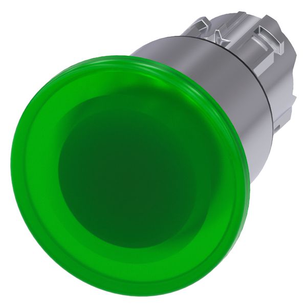 Illum. mushroom pushbutton, 22mm, round, metal, shiny, white, 40mm, 3 switch positions, latches after pressing in, pull to unlatch to center position, after pulling out the button reset to center position