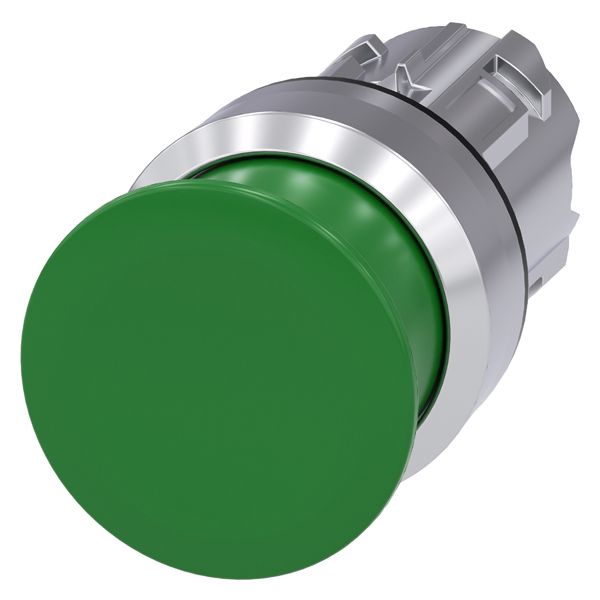Mushroom pushbutton, 22mm, round, metal, shiny, green, 30mm, momentary contact type