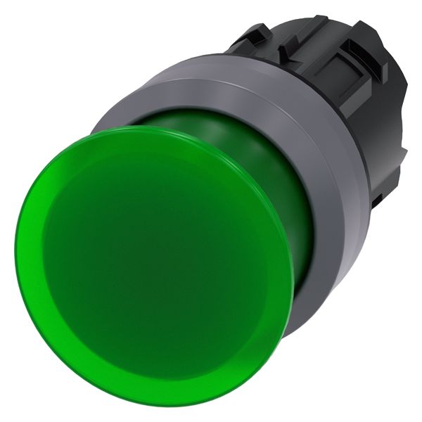 ILLUM. MUSHROOM PUSHBUTTON, 22MM, ROUND, PLASTIC WITH METAL FRONT RING, GREEN, 30MM, MOMENTARY CONTACT TYPE