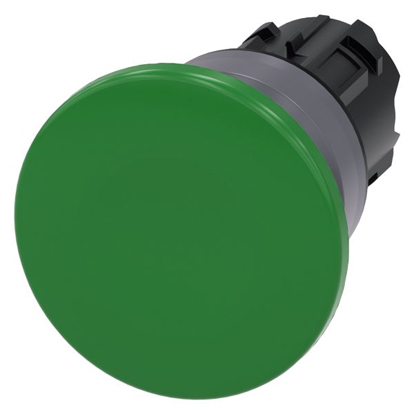 MUSHROOM PUSHBUTTON, 22MM, ROUND, PLASTIC WITH METAL FRONT RING, GREEN, 40MM, MOMENTARY CONTACT TYPE