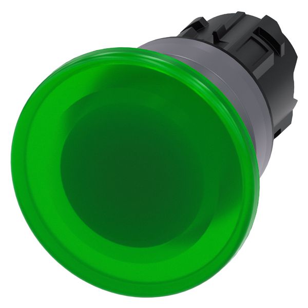 Illum. mushroom pushbutton, 22mm, round, plastic with metal front ring, green, 40mm, momentary contact type