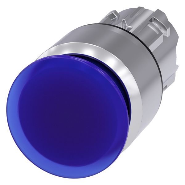 Illum. mushroom pushbutton, 22mm, round, metal, shiny, blue, 30mm, latching, pull to unlatch