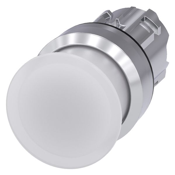 ILLUM. MUSHROOM PUSHBUTTON, 22MM, ROUND, METAL, SHINY, WHITE, 30MM, MOMENTARY CONTACT TYPE