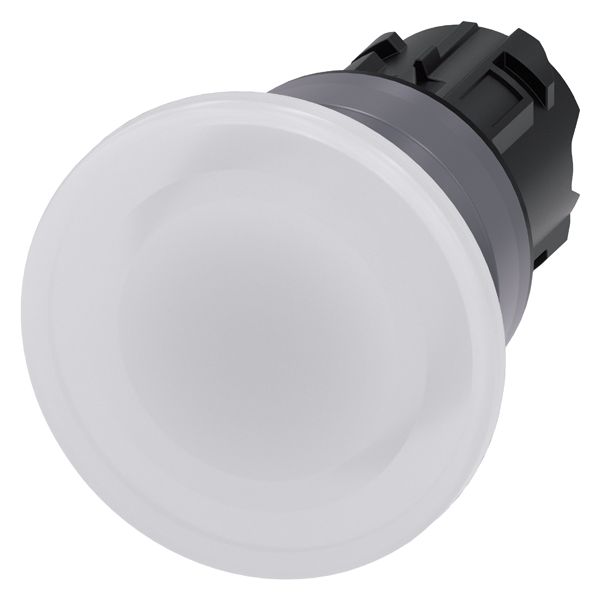 ILLUM. MUSHROOM PUSHBUTTON, 22MM, ROUND, PLASTIC WITH METAL FRONT RING, WHITE, 40MM, MOMENTARY CONTACT TYPE