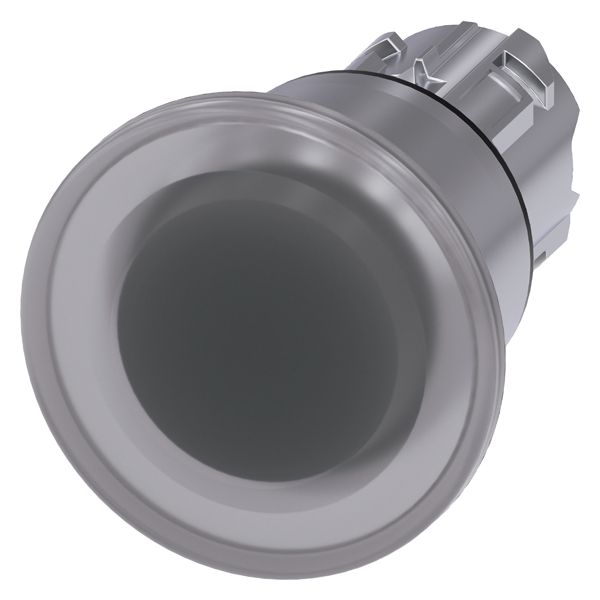 ILLUM. MUSHROOM PUSHBUTTON, 22MM, ROUND, METAL, SHINY, CLEAR, 40MM, LATCHING, PULL TO UNLATCH
