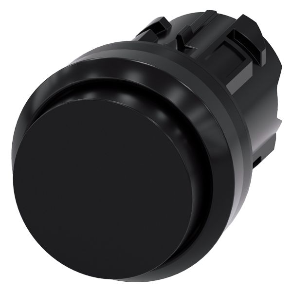 Pushbutton, 22mm, round, plastic, black, raised button, momentary contact type