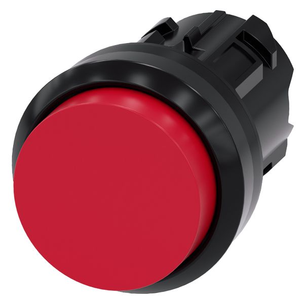 Pushbutton, 22mm, round, plastic, red, raised button, momentary contact type