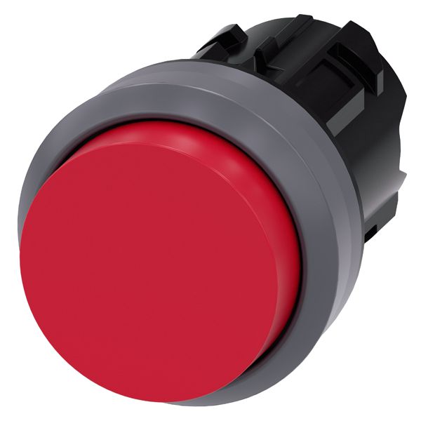 Pushbutton, 22mm, round, plastic with metal front ring, red, raised button momentary contact type