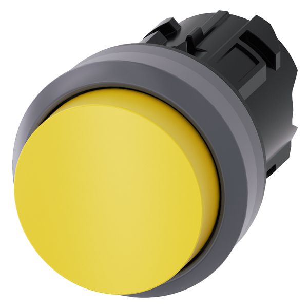 Pushbutton, 22mm, round, plastic with metal front ring, yellow, raised button momentary contact type