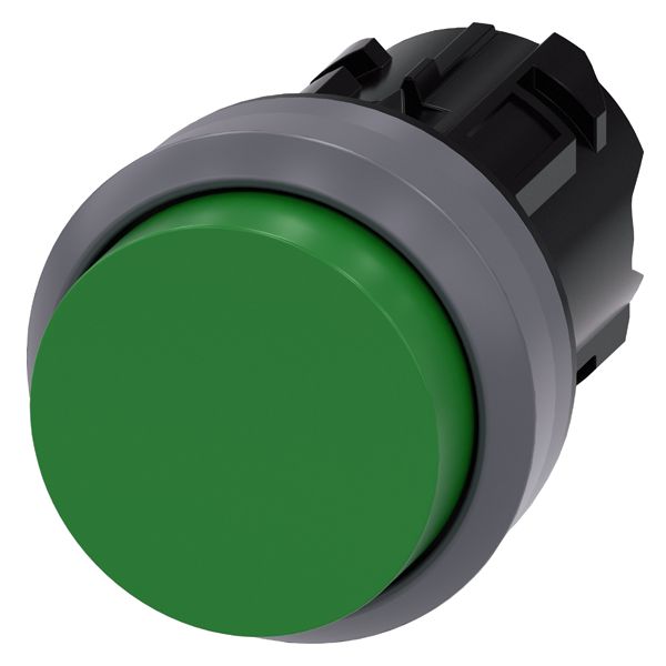 PUSHBUTTON, 22MM, ROUND, PLASTIC WITH METAL FRONT RING, GREEN, RAISED BUTTON MOMENTARY CONTACT TYPE