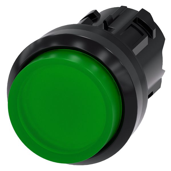 Illuminated pushbutton, 22mm, round, plastic, green, raised button, momentary contact type