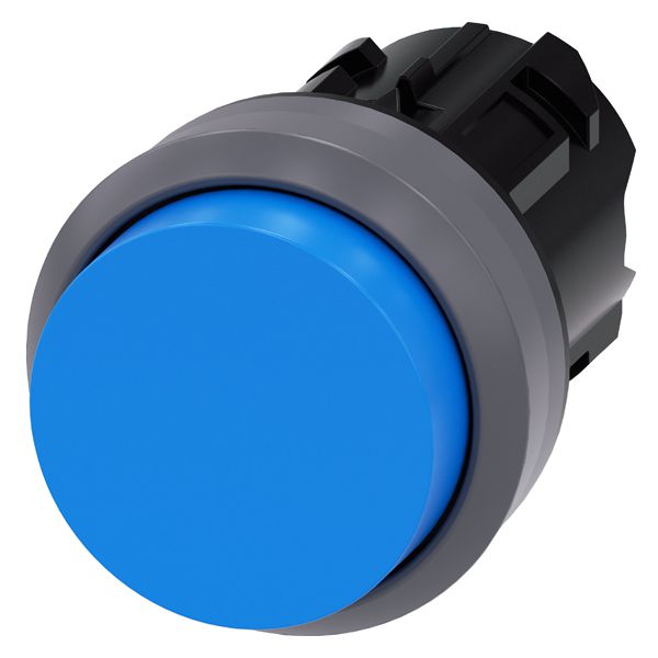 Pushbutton, 22mm, round, plastic with metal front ring, blue, raised button momentary contact type