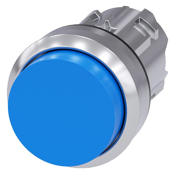 Pushbutton, 22mm, round, metal, shiny, blue, raised button momentary contact type