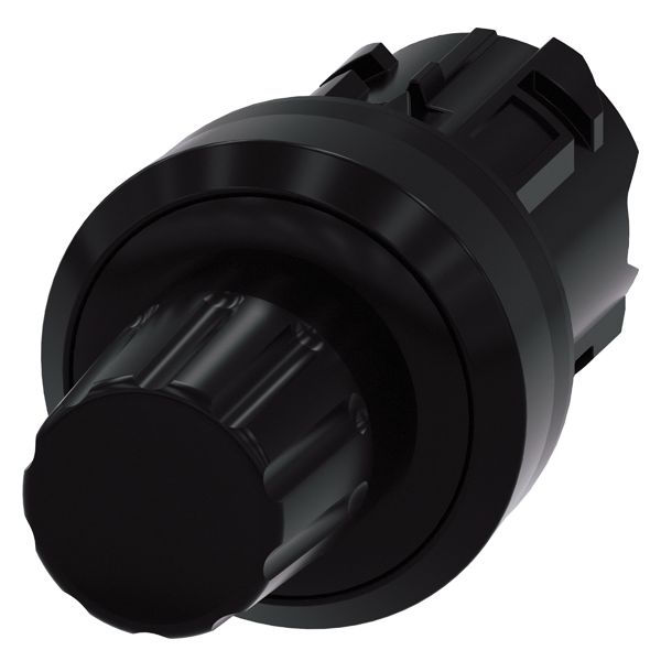 STOP PUSHBUTTON. 22MM. ROUND. PLASTIC. BLACK. RAISED BUTTON. PUSH AND ROTATE RIGHT TO LATCH. ROTATE LEFT TO UNLATCH