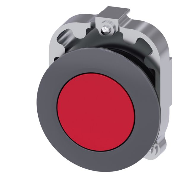 Pushbutton, 30mm, round, metal, matt, red, front ring for flat install., momentary contact type