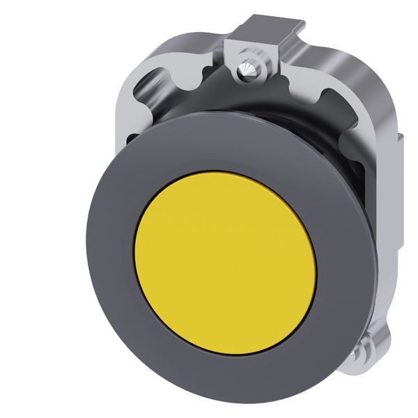 PUSHBUTTON, 30MM, ROUND, METAL, MATT, YELLOW, FRONT RING FOR FLAT INSTALL., LATCHING, PUSH TO UNLATCH