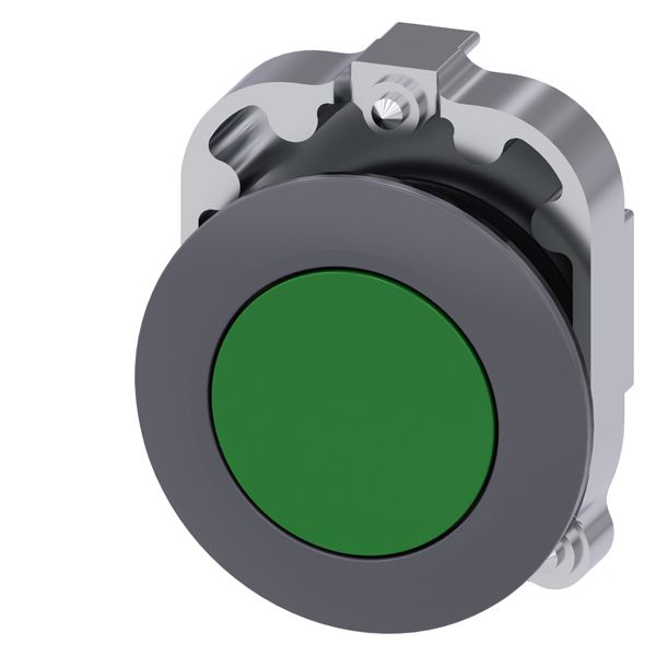 Pushbutton, 30mm, round, metal, matt, green, front ring for flat install., latching, push to unlatch