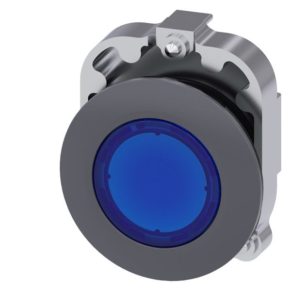 ILLUMINATED PUSHBUTTON, 30MM, ROUND, METAL, MATT, BLUE, FRONT RING FOR FLAT INSTALL., LATCHING, PUSH TO UNLATCH