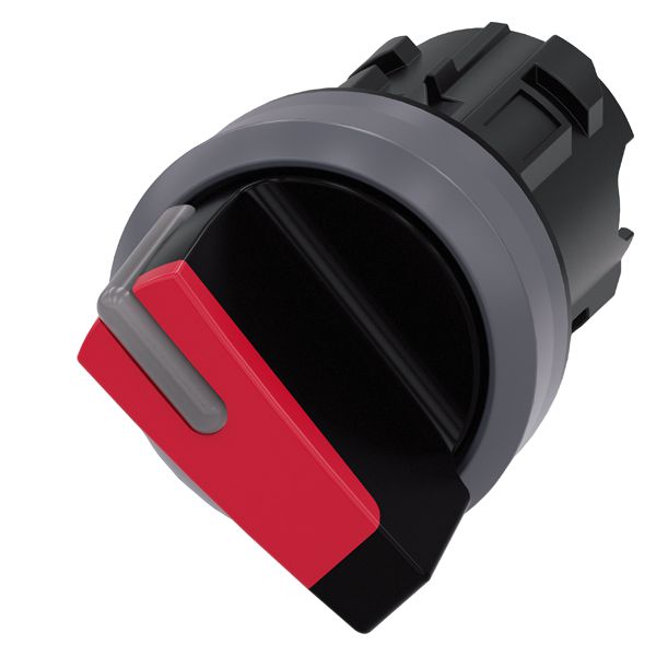 Selector switch, can be illum., 22mm, round, plastic with metal front ring, red, short selector switch, 2 switch positions o-i, momentary contact type, actuating angle 45 deg., 10 30h/12h