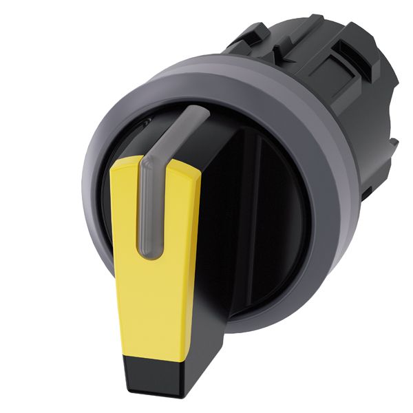 Selector switch, can be illum., 22mm, round, plastic with metal front ring, yellow, short selector switch, 3 switch positions i-o-ii, latching, actuating angle2x45 deg., 10 30h/12h/13 30h