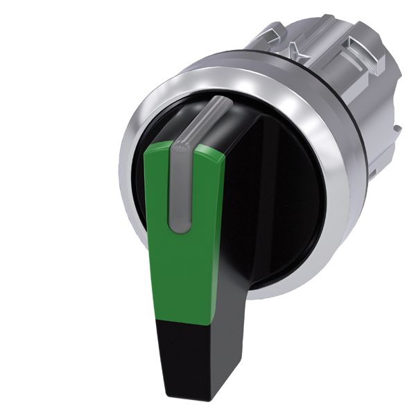 Selector switch, can be illum., 22mm, round, metal, shiny, green, long selectorswitch, 3 switch positions i-o-ii, momentary contact type, actuating angle 2x45deg., 10 30h/12h/13 30h