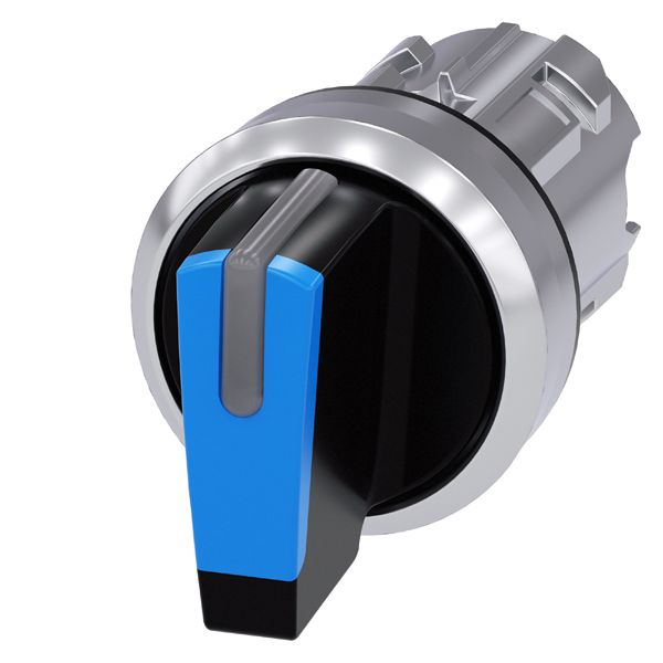 Selector switch, can be illum., 22mm, round, metal, shiny, blue, short selectorswitch, 3 switch positions i-o-ii, momentary contact type, actuating angle 2x45deg., 10 30h/12h/13 30h