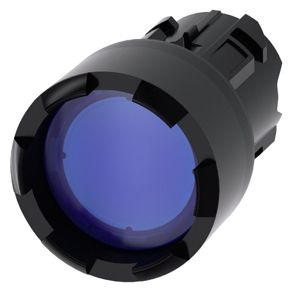 ILLUMINATED PUSHBUTTON, 22MM, ROUND, PLASTIC, BLUE RAISED FRONT RING, CASTELLATED MOMENTARY CONTACT TYPE