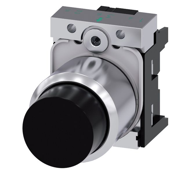PUSHBUTTON, COMPACT, WITH EXTENDED STROKE (12MM), 22MM, ROUND, METAL, BLACK, RAISED BUTTON, MOMENTARY CONTACT TYPE, WITH HOLDER