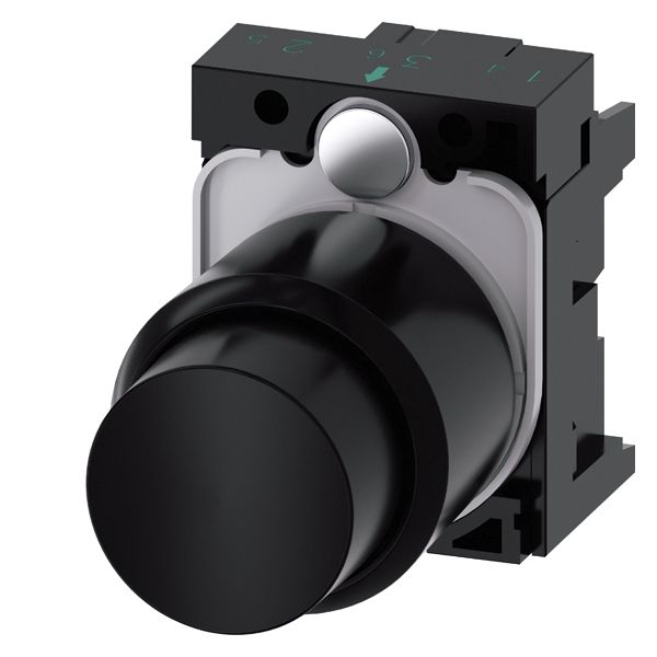 Pushbutton, compact, with extended stroke (12mm), 22mm, round, plastic, black, raised button, momentary contact type, with holder