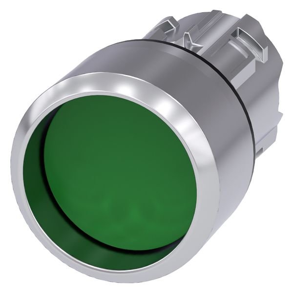 Pushbutton, 22mm, round, metal, shiny, green, raised front ring, momentary contact type
