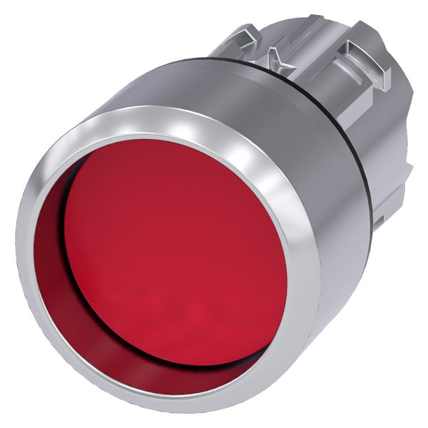 Pushbutton, 22mm, round, metal, shiny, red, raised front ring, momentary contact type