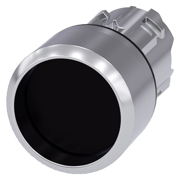 Pushbutton, 22mm, round, metal, shiny, black, raised front ring momentary contact type