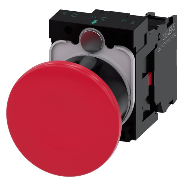 Mushroom pushbutton, 22mm, round, plastic, red, 40mm, latching, pull to unlatch, with holder, 1NC, screw terminal