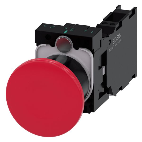 Mushroom pushbutton. 22mm. round. plastic. red. 40mm. latching. pull to unlatch. with holder. 1NO+1NC. spring-type terminal