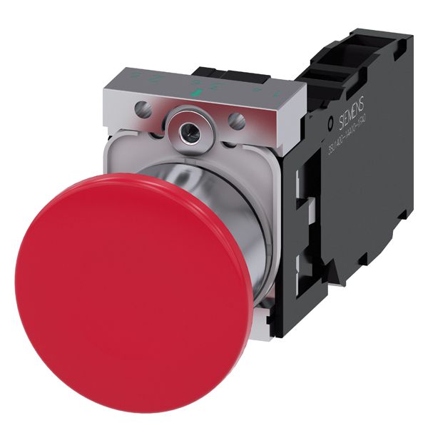 Mushroom pushbutton. 22mm. round. metal. shiny. red. 40mm. latching. pull to unlatch. with holder. 1NO+1NC. screw terminal