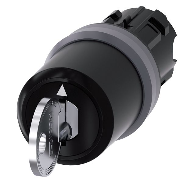 IKON KEY-OPERATED SWITCH, 22MM, ROUND, PLASTIC WITH METAL FRONT RING, LOCK NO. 360012K1, WITH 2 KEYS, 3 SWITCH POSITIONS I-O-II, LATCHING, ACTUATING ANGLE 2X45DEG., 10 30H/12H/13 30H, KEY REMOVAL POS. I+O+II