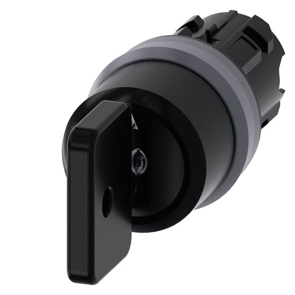 O.M.R. KEY-OPERATED SWITCH, 22MM, ROUND, PLASTIC WITH METAL FRONT RING, LOCK NO. 73034, BLACK, WITH 2 KEYS, 3 SWITCH POSITIONS I-O-II, MOMENTARY CONTACT TYPE, ACTUATING ANGLE 2X45 DEG., 10 30H/12H/13 30H, KEY REMOVAL POS. O