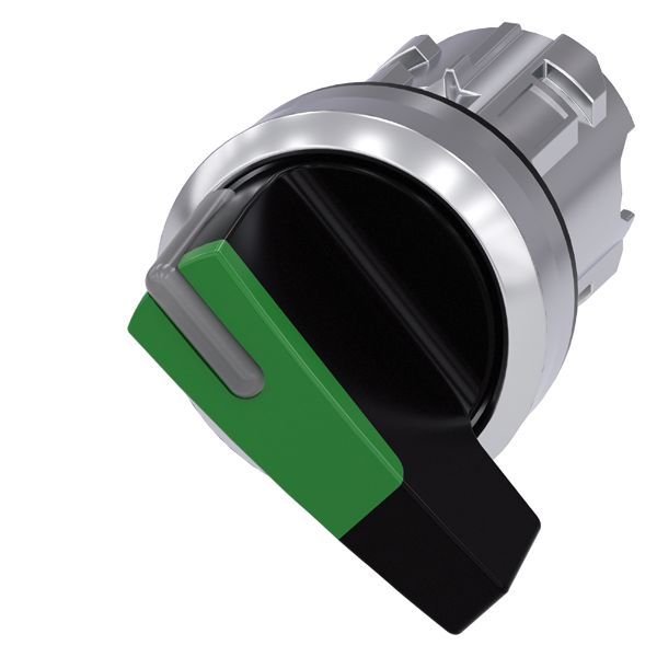 SELECTOR SWITCH, CAN BE ILLUM., 22MM, ROUND, METAL, SHINY, GREEN, LONG SELECTORSWITCH, 2 SWITCH POSITIONS O-I, MOMENTARY CONTACT TYPE, ACTUATING ANGLE 45 DEG., 10 30H/12H