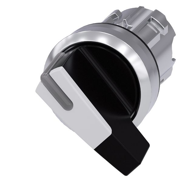 Selector switch, can be illum., 22mm, round, metal, shiny, black, white, long selector switch, 2 switch positions o-i, momentary contact type, actuating angle 45 deg., 10 30h/12h