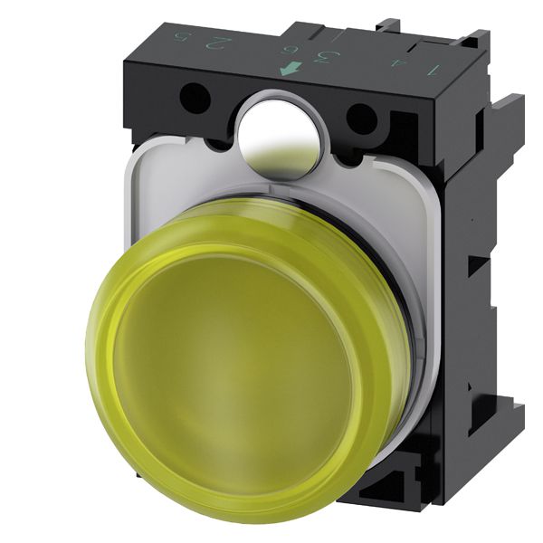 Indicator light, 22mm, round, plastic, yellow, smooth lens, with holder, led module, with integrated led 230V AC, screw terminal