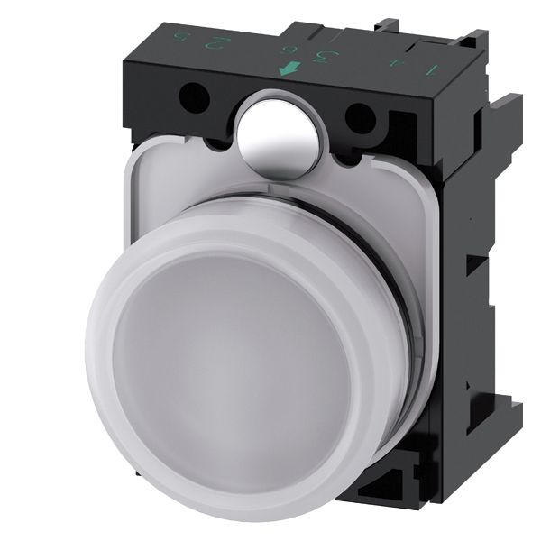 Indicator light, 22mm, round, plastic, white, smooth lens, with holder, led module with integrated led 110V AC, screw terminal
