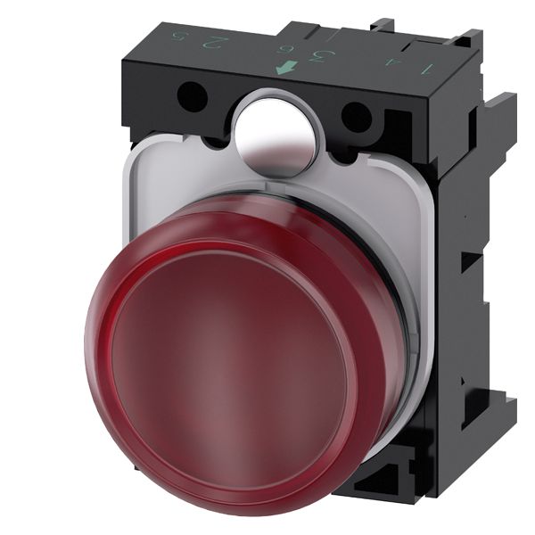 Indicator light, 22mm, round, plastic, red, smooth lens, with holder, led module with integrated led 110V AC, screw terminal
