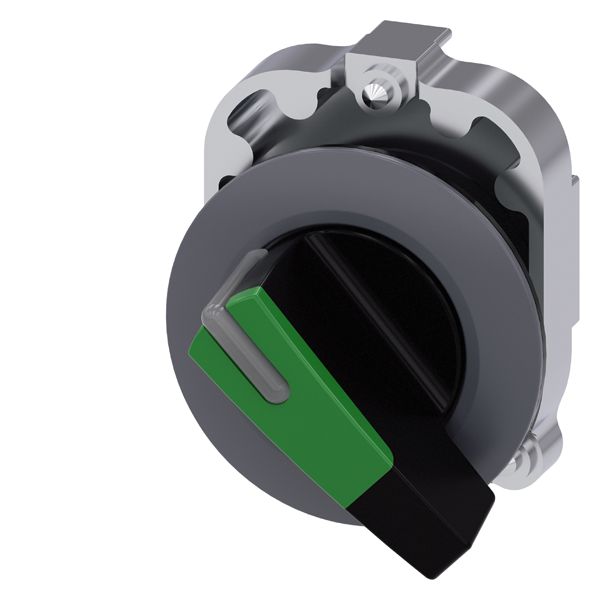 SELECTOR SWITCH, CAN BE ILLUM., 30MM, ROUND, METAL, MATT, GREEN, LONG SELECTOR SWITCH, FRONT RING FOR FLAT INSTALL., MOMENTARY CONTACT TYPE, ACTUATING ANGLE 45DEG., 10 30H/12H
