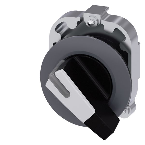 Selector switch, can be illum., 30mm, round, metal, matt, black, white, long selector switch, front ring for flat install., latching, actuating angle 90 deg., 10 30h/13 30h