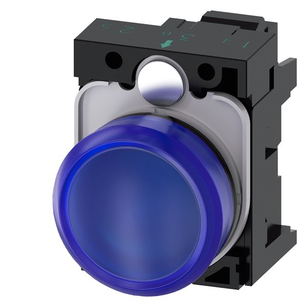 INDICATOR LIGHT, 22MM, ROUND, PLASTIC, BLUE, SMOOTH LENS, WITH HOLDER, LED MODULE, WITH INTEGRATED LED 230V AC, SPRING-TYPE TERMINAL