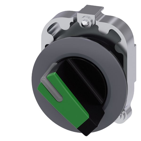 Selector switch, can be illum., 30mm, round, metal, matt, green, short selectorswitch, front ring for flat install., momentary contact type, actuating angle 45 deg., 10 30h/12h